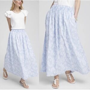 Chicos Smocked A-Line Maxi Skirt Blue White Floral Jacquard Womens size 3 NWT XL
